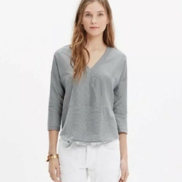 SALE! Madewell Blue Stripe V Neck Popover Tee Shirt - Picture 1 of 7